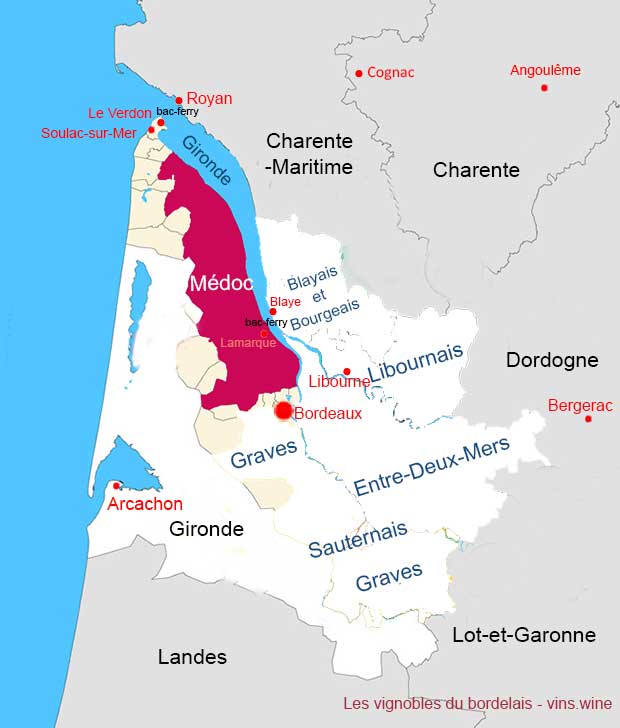 carte du Médoc dans le vignoble de Bordeaux