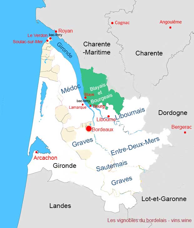 carte Blaye Côtes de Bordeaux et Côtes de Bourg dans le vignoble de Bordeaux