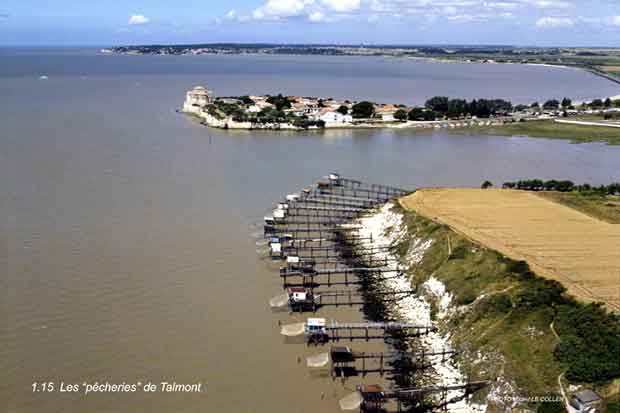 Talmont-sur-Gironde, les carrelets de la falaise du Caillaud avant la tempête de décembre 1999.